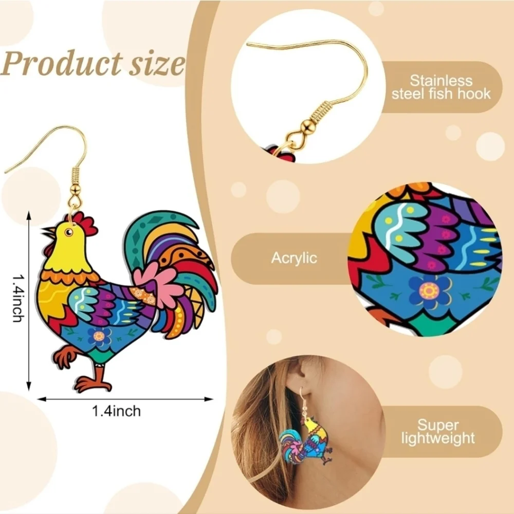 8 Pairs Gold Colorful Rooster and Hen Earrings Set